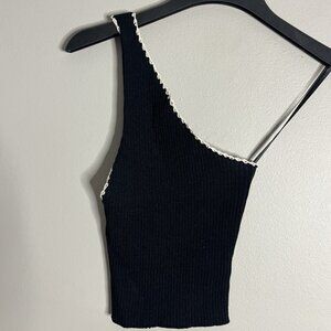 Cotton:On Size Small One Shoulder Rib Knit Crochet Black Crop Top